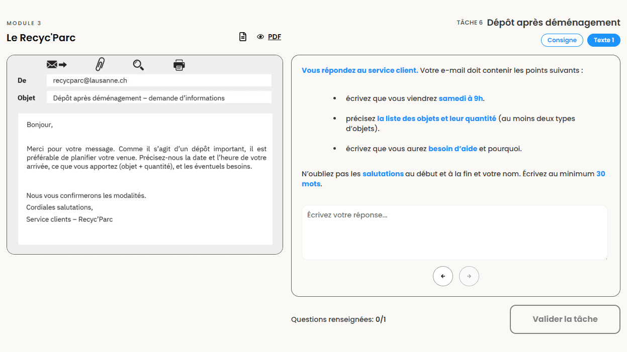 Capture de l'épreuve de lecture / écriture